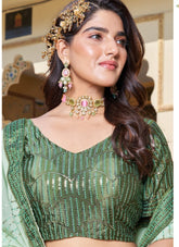 Rubbed Mukesh Cin Allover Lehenga in Green